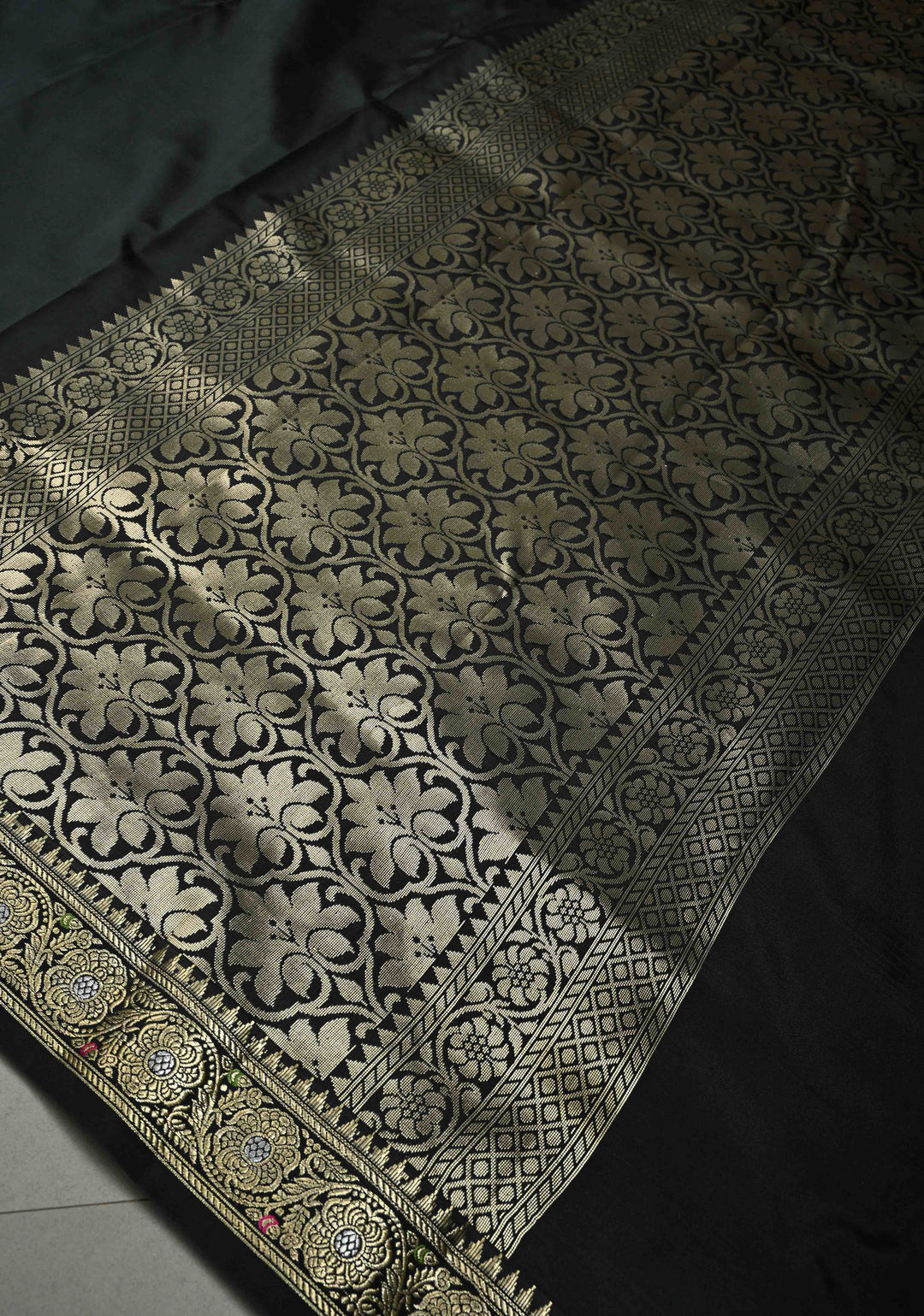 Black Semi Silk Saree with Meenakari Minimal Zari Border | SHOBITAM