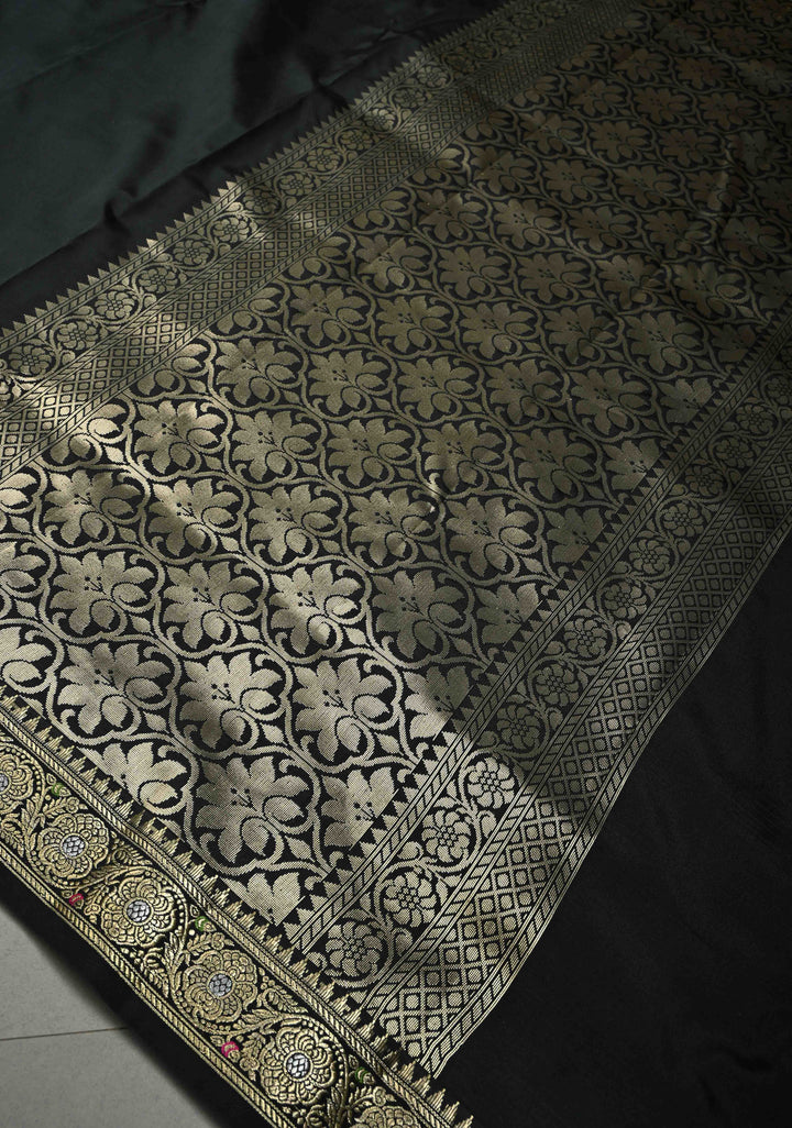 Black Semi Silk Saree with Meenakari Minimal Zari Border | SHOBITAM