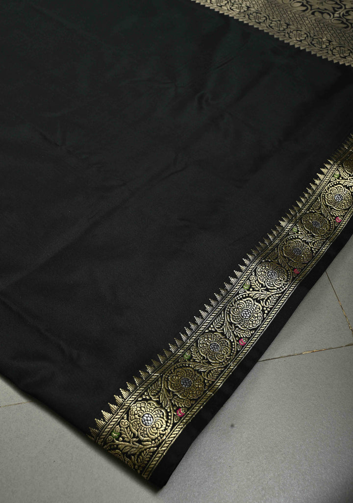 Black Semi Silk Saree with Meenakari Minimal Zari Border | SHOBITAM