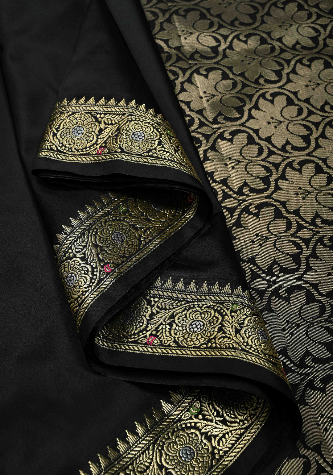 Black Semi Silk Saree with Meenakari Minimal Zari Border | SHOBITAM