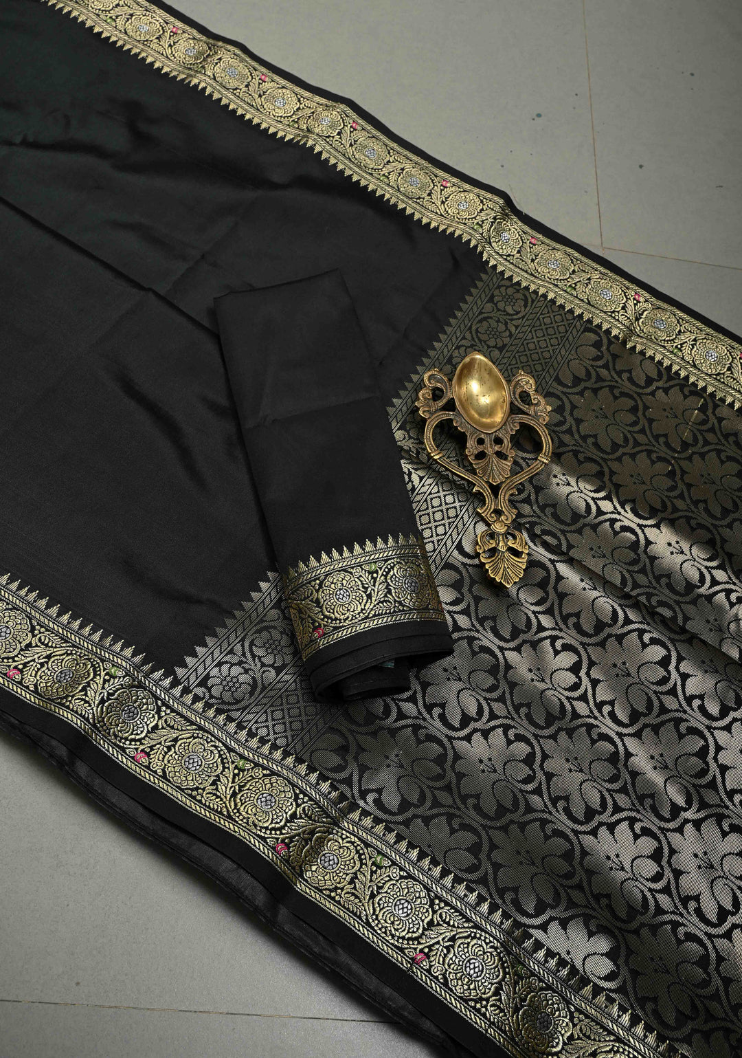 Black Semi Silk Saree with Meenakari Minimal Zari Border | SHOBITAM