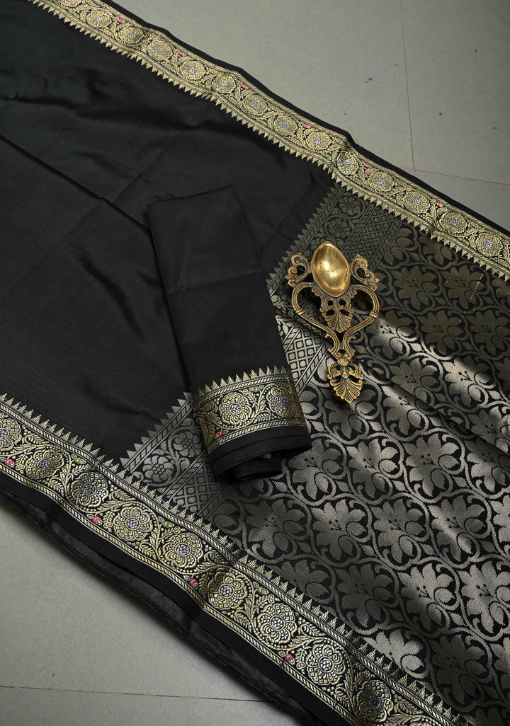 Black Semi Silk Saree with Meenakari Minimal Zari Border | SHOBITAM