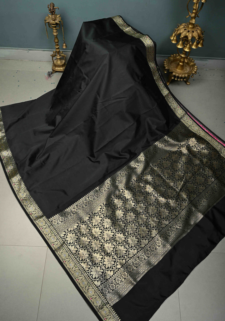 Black Semi Silk Saree with Meenakari Minimal Zari Border | SHOBITAM