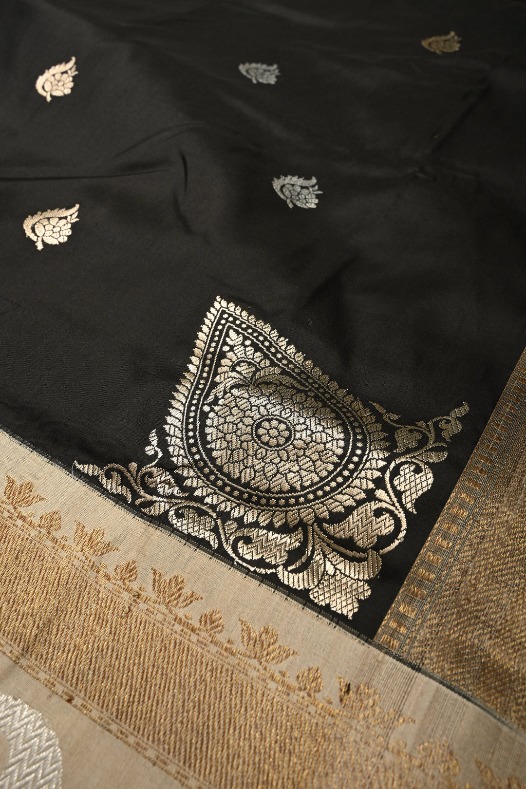 Stunning Black Koniya Motis on Pure Banarasi Katan Silk Saree with Sona Rupa Floral Zari Buttas and Contrast Paisley Zari Border | SILK MARK CERTIFIED | SHOBITAM