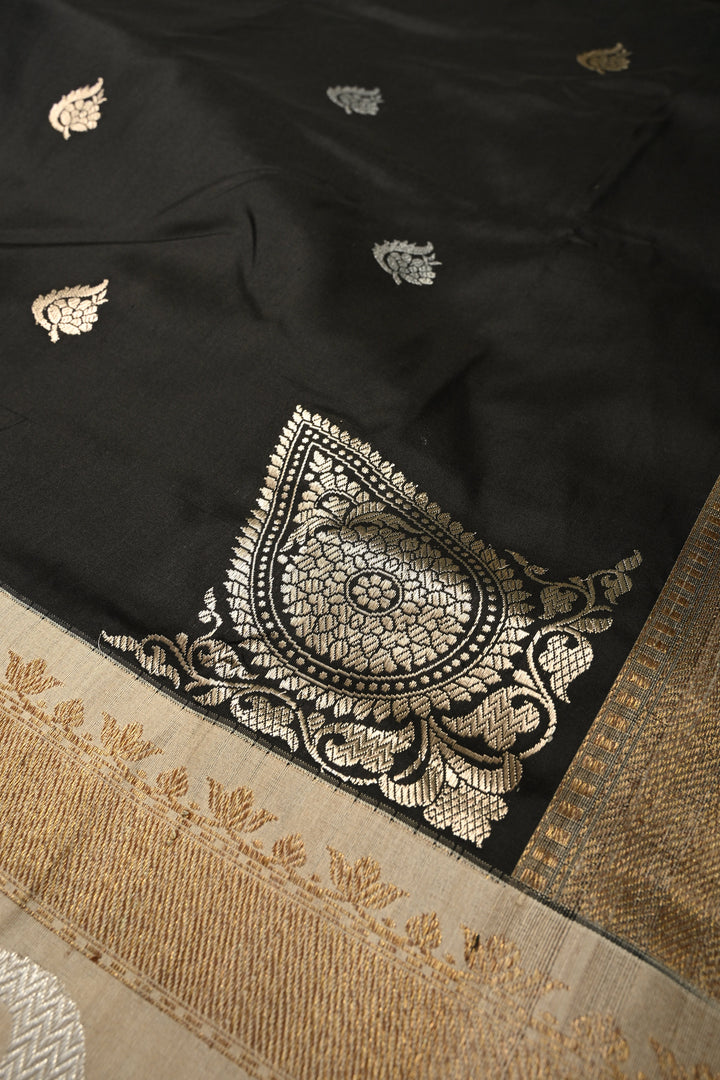 Stunning Black Koniya Motis on Pure Banarasi Katan Silk Saree with Sona Rupa Floral Zari Buttas and Contrast Paisley Zari Border | SILK MARK CERTIFIED | SHOBITAM