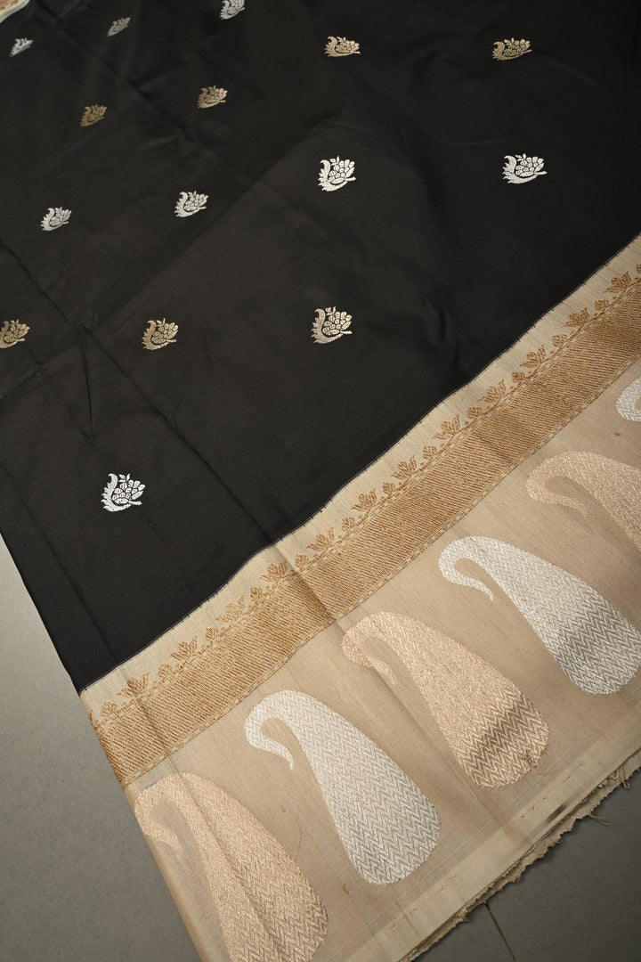 Stunning Black Koniya Motis on Pure Banarasi Katan Silk Saree with Sona Rupa Floral Zari Buttas and Contrast Paisley Zari Border | SILK MARK CERTIFIED | SHOBITAM