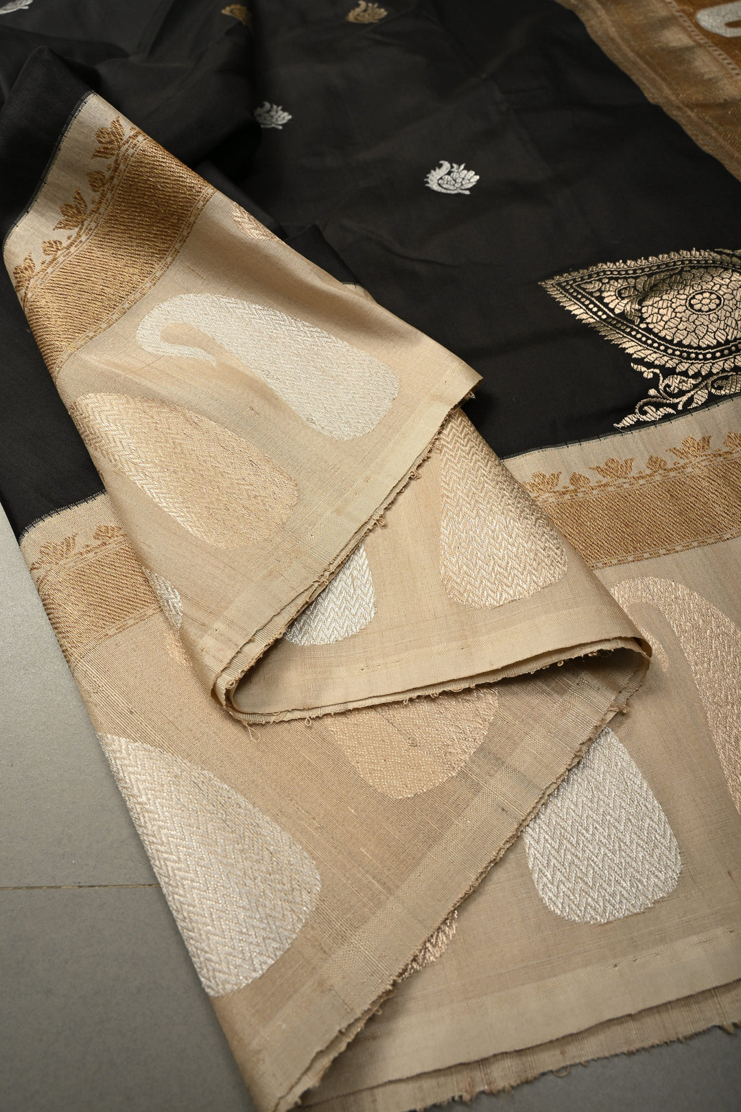Stunning Black Koniya Motis on Pure Banarasi Katan Silk Saree with Sona Rupa Floral Zari Buttas and Contrast Paisley Zari Border | SILK MARK CERTIFIED | SHOBITAM