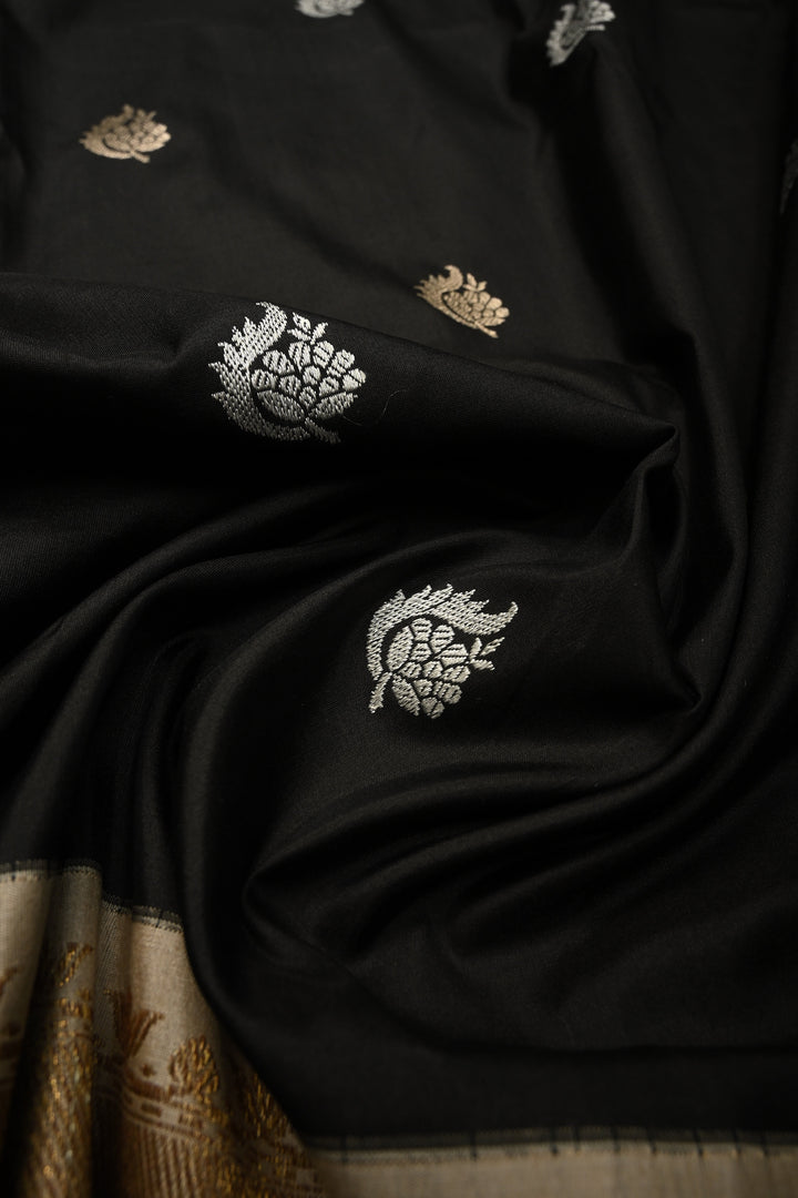Stunning Black Koniya Motis on Pure Banarasi Katan Silk Saree with Sona Rupa Floral Zari Buttas and Contrast Paisley Zari Border | SILK MARK CERTIFIED | SHOBITAM