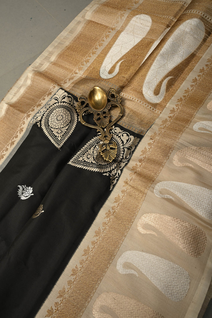 Stunning Black Koniya Motis on Pure Banarasi Katan Silk Saree with Sona Rupa Floral Zari Buttas and Contrast Paisley Zari Border | SILK MARK CERTIFIED | SHOBITAM