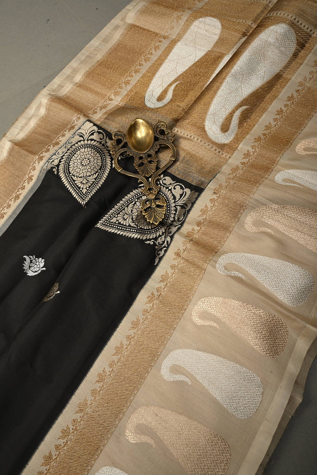 Stunning Black Koniya Motis on Pure Banarasi Katan Silk Saree with Sona Rupa Floral Zari Buttas and Contrast Paisley Zari Border | SILK MARK CERTIFIED | SHOBITAM