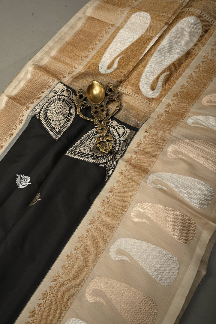Stunning Black Koniya Motis on Pure Banarasi Katan Silk Saree with Sona Rupa Floral Zari Buttas and Contrast Paisley Zari Border | SILK MARK CERTIFIED | SHOBITAM