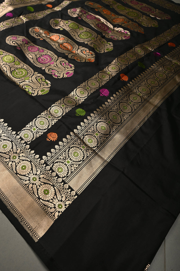 Black Pure Banarasi Katan Silk Baluchuri Saree with Meenakari Buttas and Zari Border | SILK MARK CERTIFIED | SHOBITAM