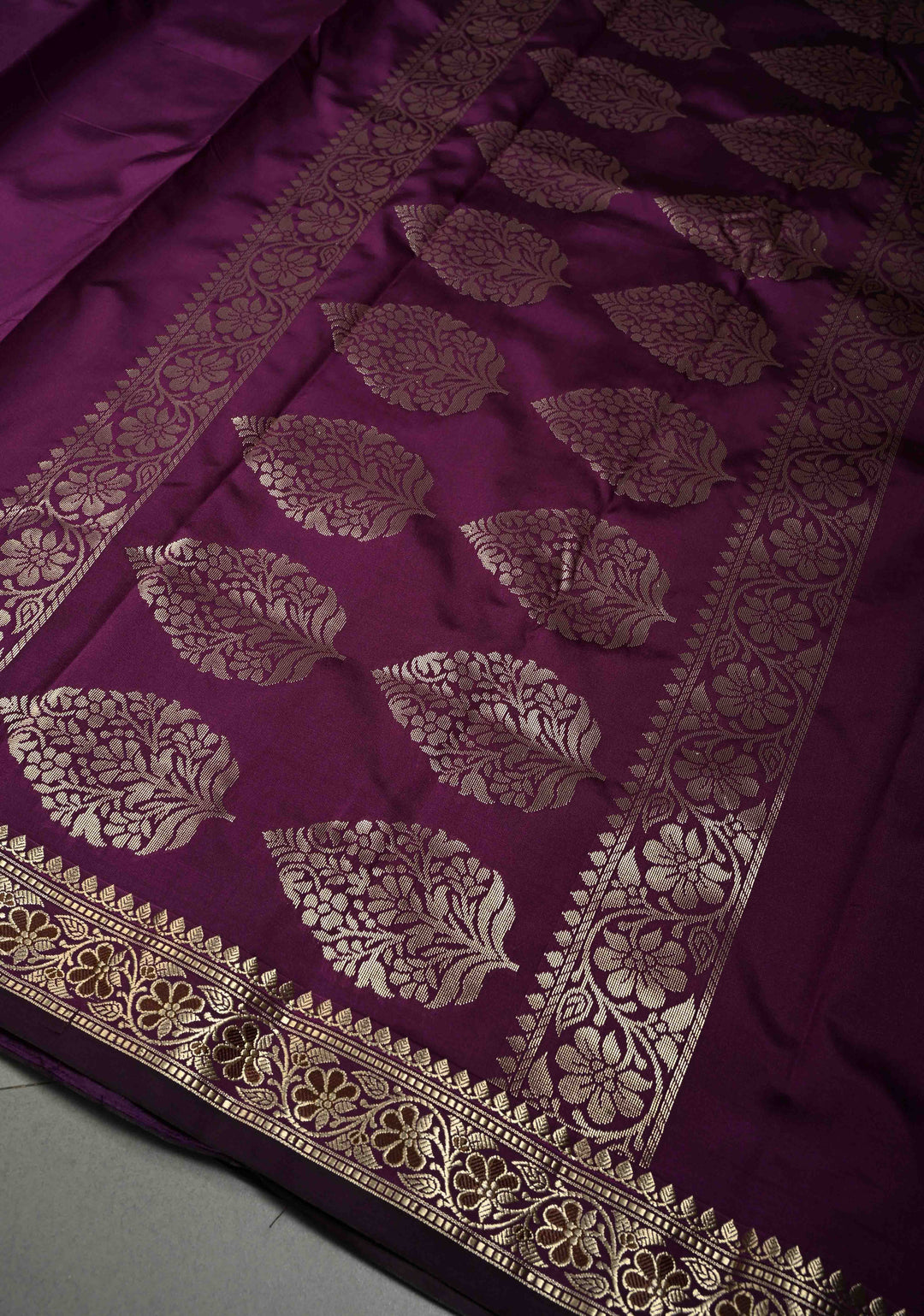 Eggplant Purple Semi Silk Saree with Minimal Meenakari Floral Zari Border | SHOBITAM
