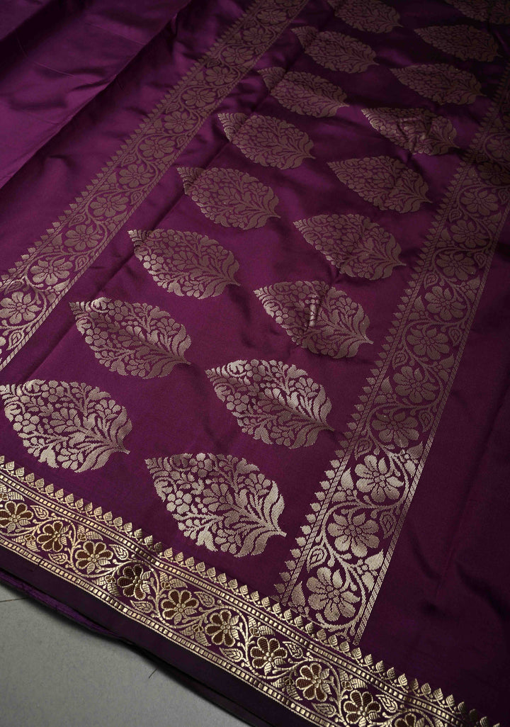 Eggplant Purple Semi Silk Saree with Minimal Meenakari Floral Zari Border | SHOBITAM