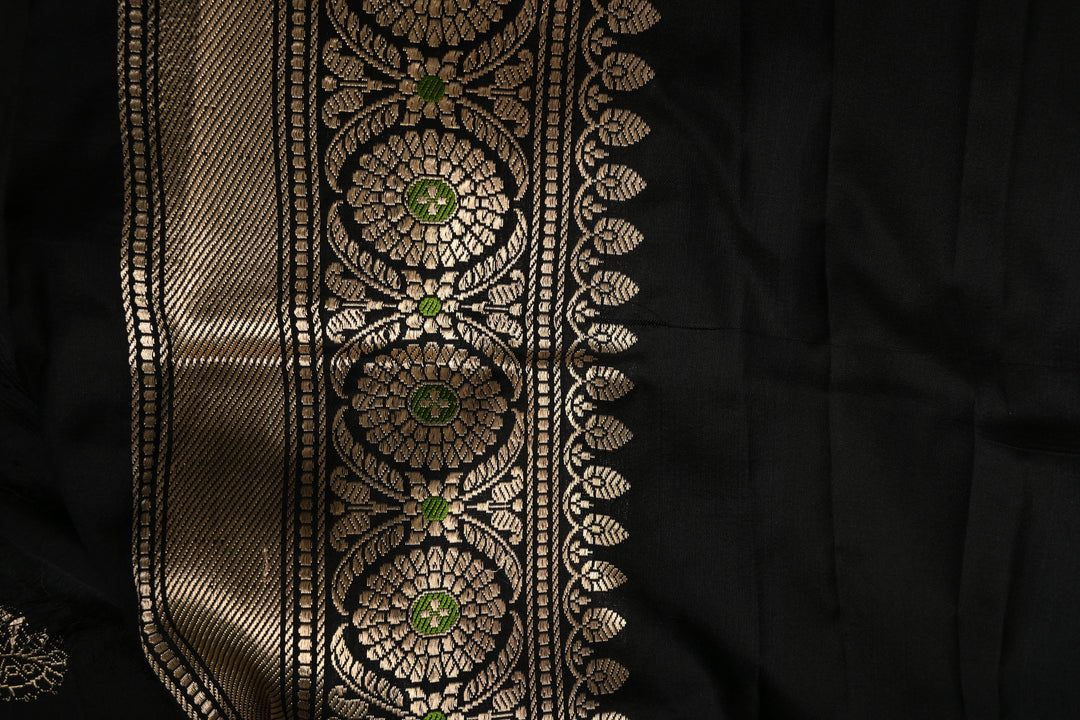 Black Pure Banarasi Katan Silk Baluchuri Saree with Meenakari Buttas and Zari Border | SILK MARK CERTIFIED | SHOBITAM