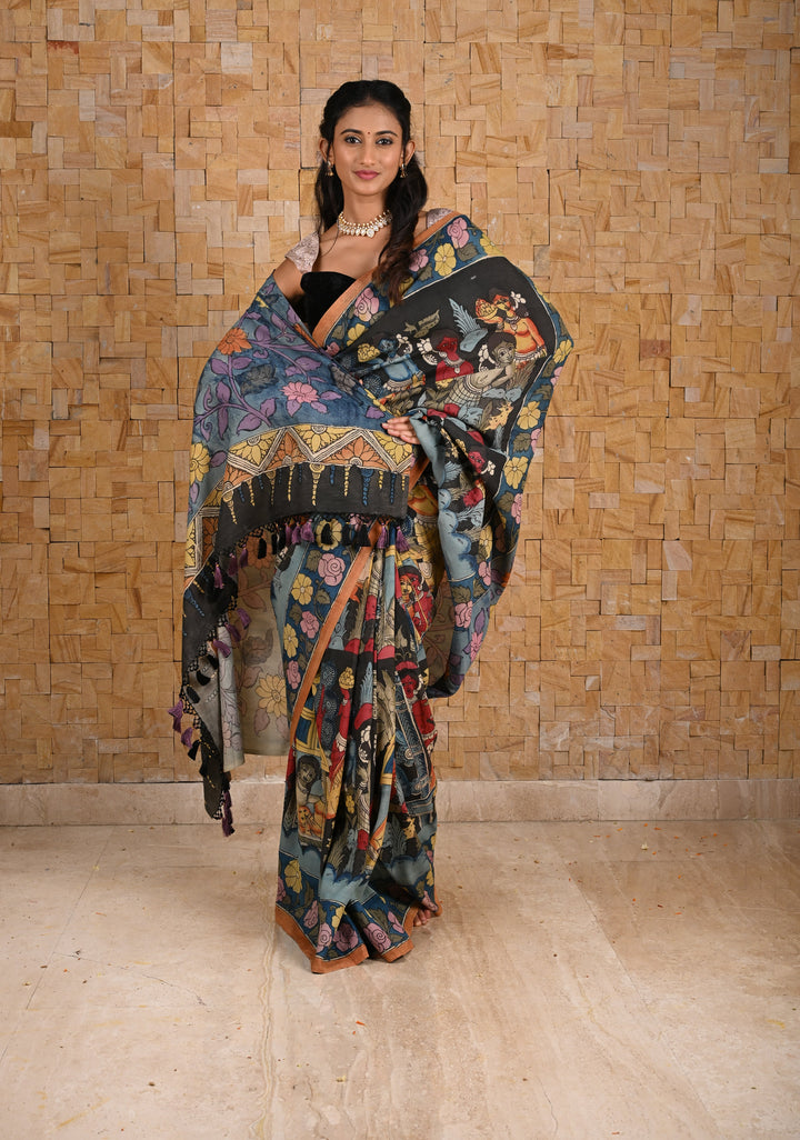 Black Authentic Pen Kalamkari on pure Assam Silk with Forest Tribes and Floral on Pallu  | SILK MARKED CERTIFIED