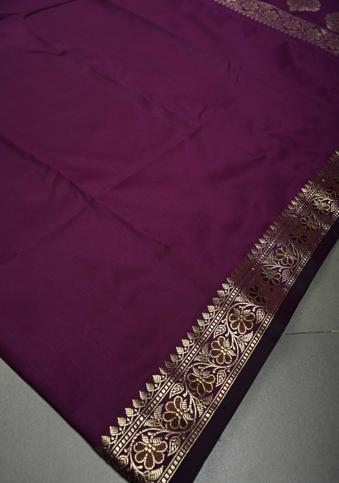 Eggplant Purple Semi Silk Saree with Minimal Meenakari Floral Zari Border | SHOBITAM