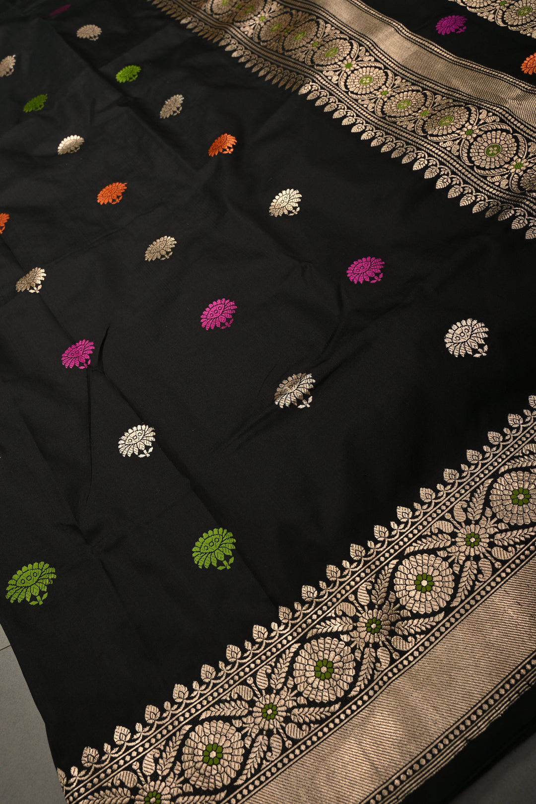 Black Pure Banarasi Katan Silk Baluchuri Saree with Meenakari Buttas and Zari Border | SILK MARK CERTIFIED | SHOBITAM