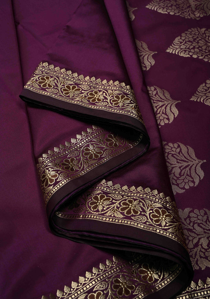 Eggplant Purple Semi Silk Saree with Minimal Meenakari Floral Zari Border | SHOBITAM