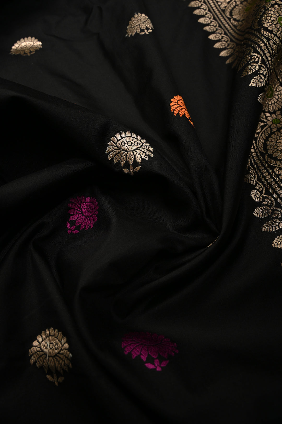 Black Pure Banarasi Katan Silk Baluchuri Saree with Meenakari Buttas and Zari Border | SILK MARK CERTIFIED | SHOBITAM