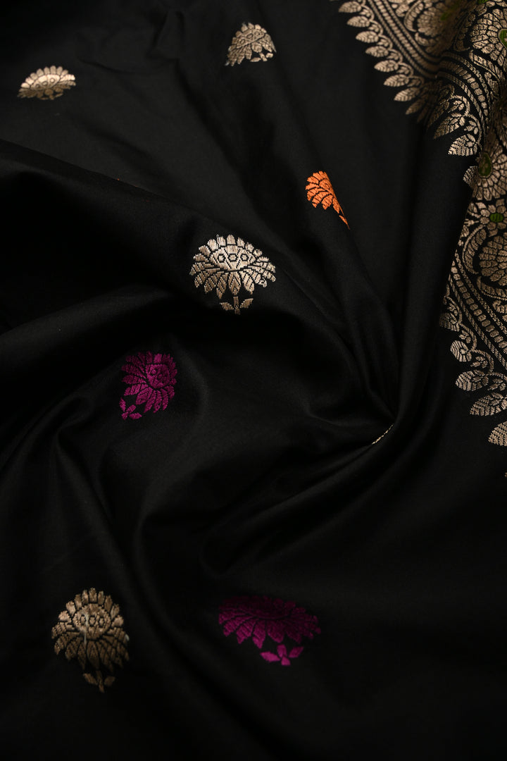 Black Pure Banarasi Katan Silk Baluchuri Saree with Meenakari Buttas and Zari Border | SILK MARK CERTIFIED | SHOBITAM