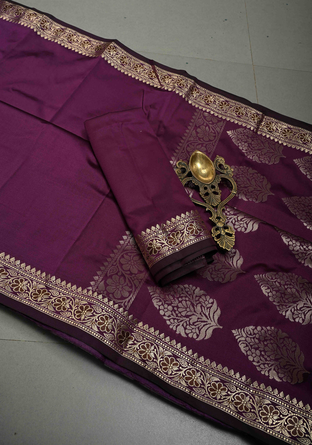Eggplant Purple Semi Silk Saree with Minimal Meenakari Floral Zari Border | SHOBITAM