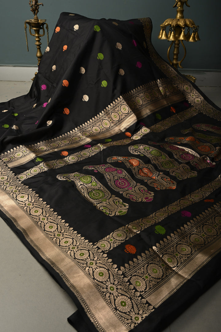 Black Pure Banarasi Katan Silk Baluchuri Saree with Meenakari Buttas and Zari Border | SILK MARK CERTIFIED | SHOBITAM