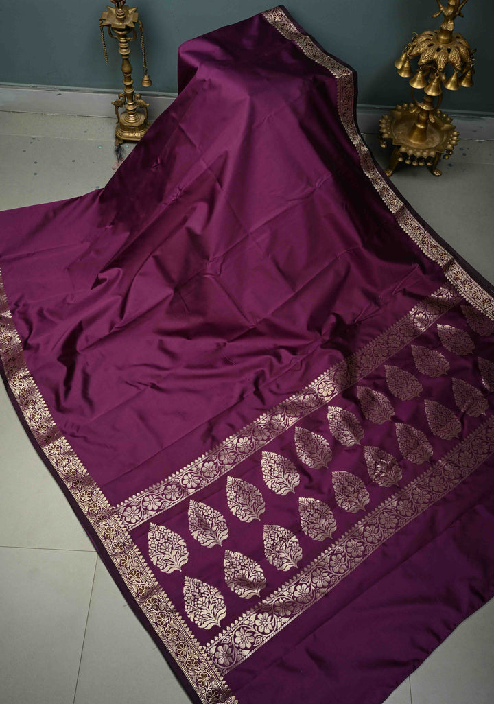 Eggplant Purple Semi Silk Saree with Minimal Meenakari Floral Zari Border | SHOBITAM