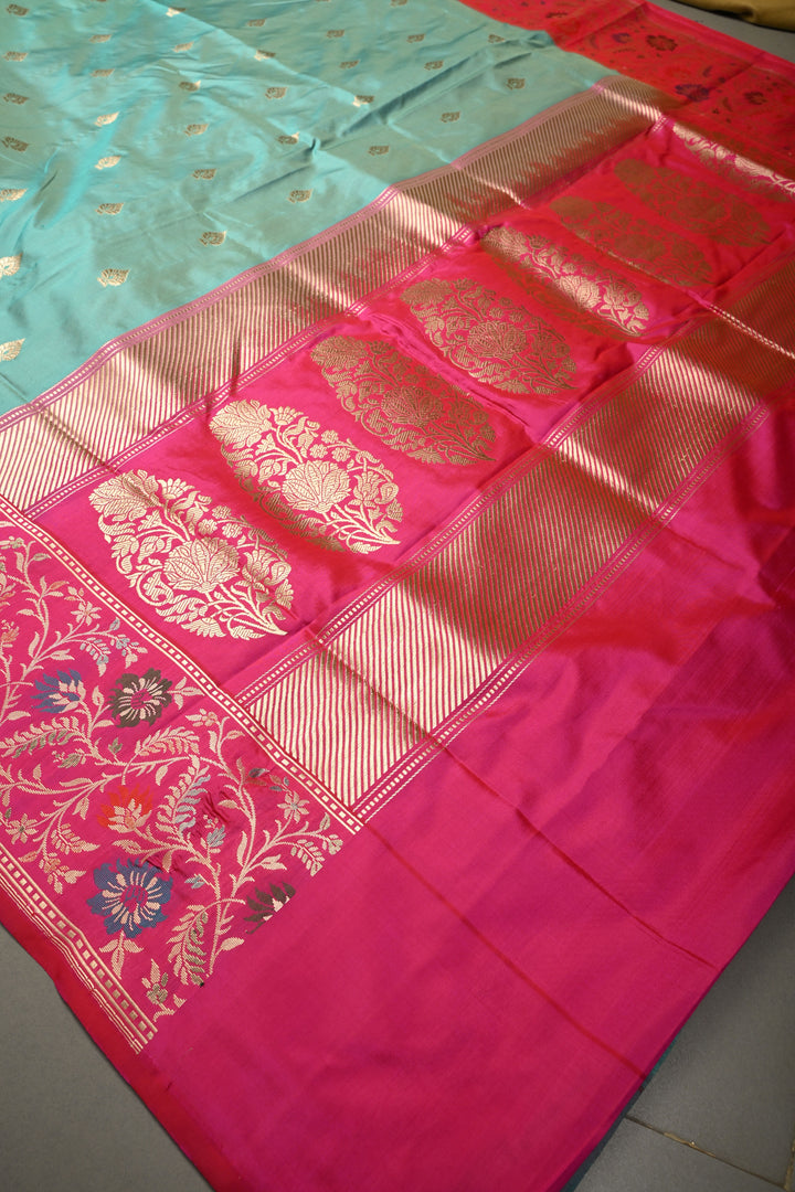 Blue Pure Banarasi Katan Silk Saree with Floral Zari Buttas and Contrast Paithani Style Zari Border | SILK MARK CERTIFIED | SHOBITAM
