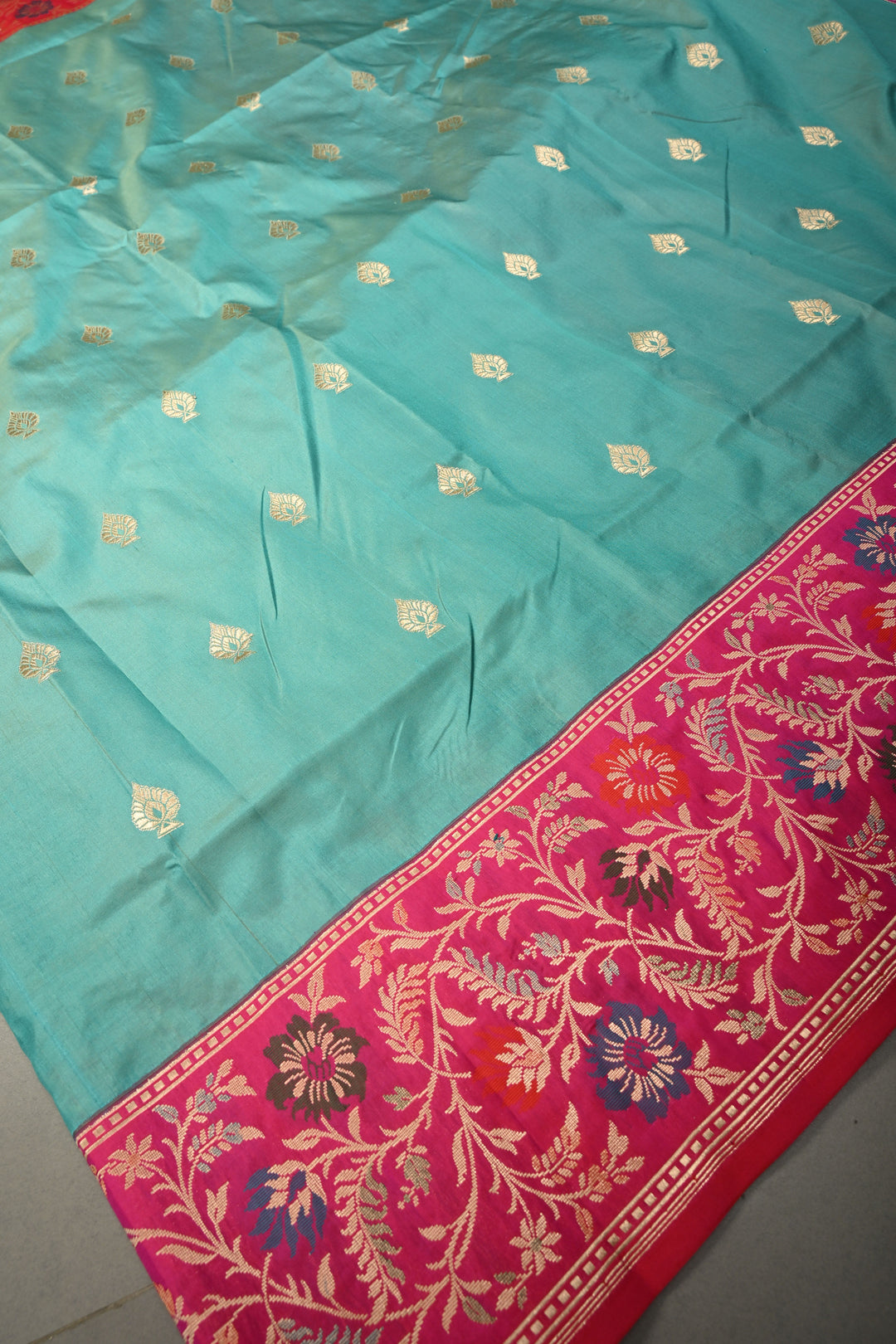 Blue Pure Banarasi Katan Silk Saree with Floral Zari Buttas and Contrast Paithani Style Zari Border | SILK MARK CERTIFIED | SHOBITAM