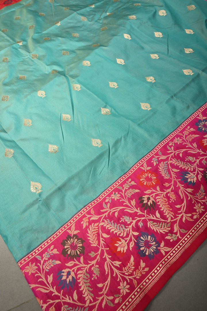 Blue Pure Banarasi Katan Silk Saree with Floral Zari Buttas and Contrast Paithani Style Zari Border | SILK MARK CERTIFIED | SHOBITAM