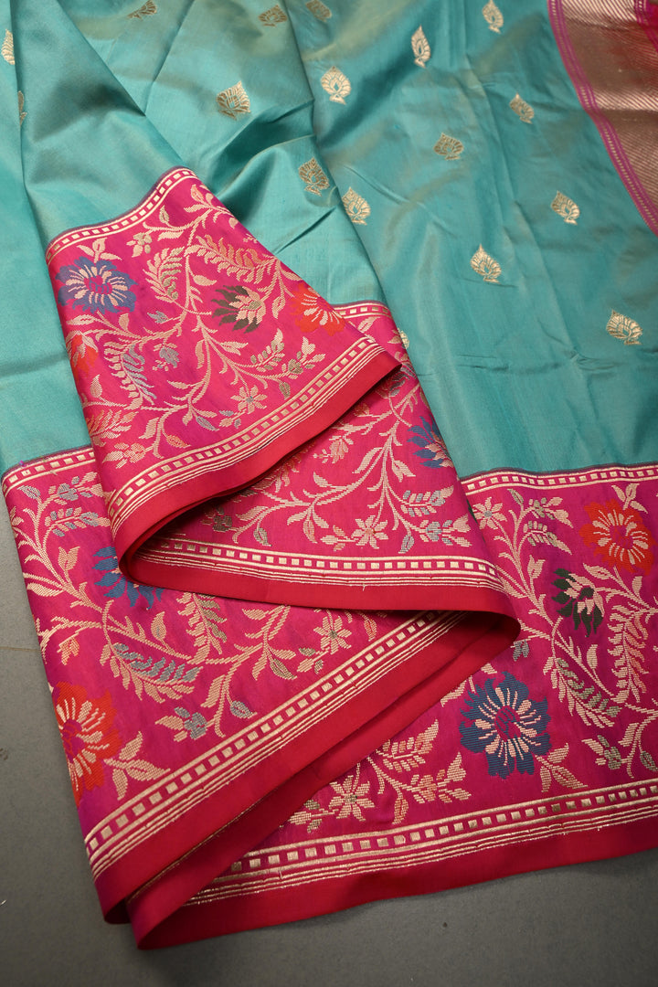 Blue Pure Banarasi Katan Silk Saree with Floral Zari Buttas and Contrast Paithani Style Zari Border | SILK MARK CERTIFIED | SHOBITAM