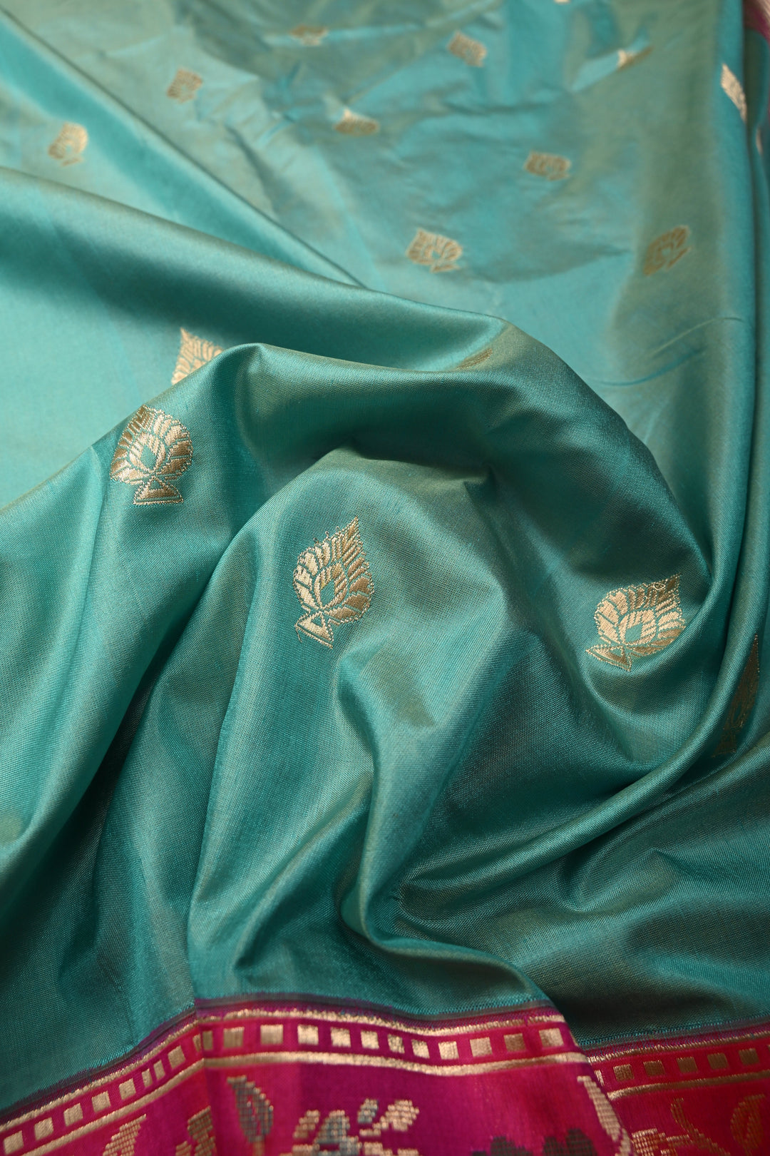 Blue Pure Banarasi Katan Silk Saree with Floral Zari Buttas and Contrast Paithani Style Zari Border | SILK MARK CERTIFIED | SHOBITAM
