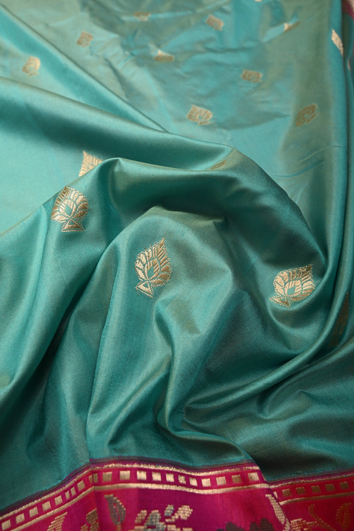 Blue Pure Banarasi Katan Silk Saree with Floral Zari Buttas and Contrast Paithani Style Zari Border | SILK MARK CERTIFIED | SHOBITAM