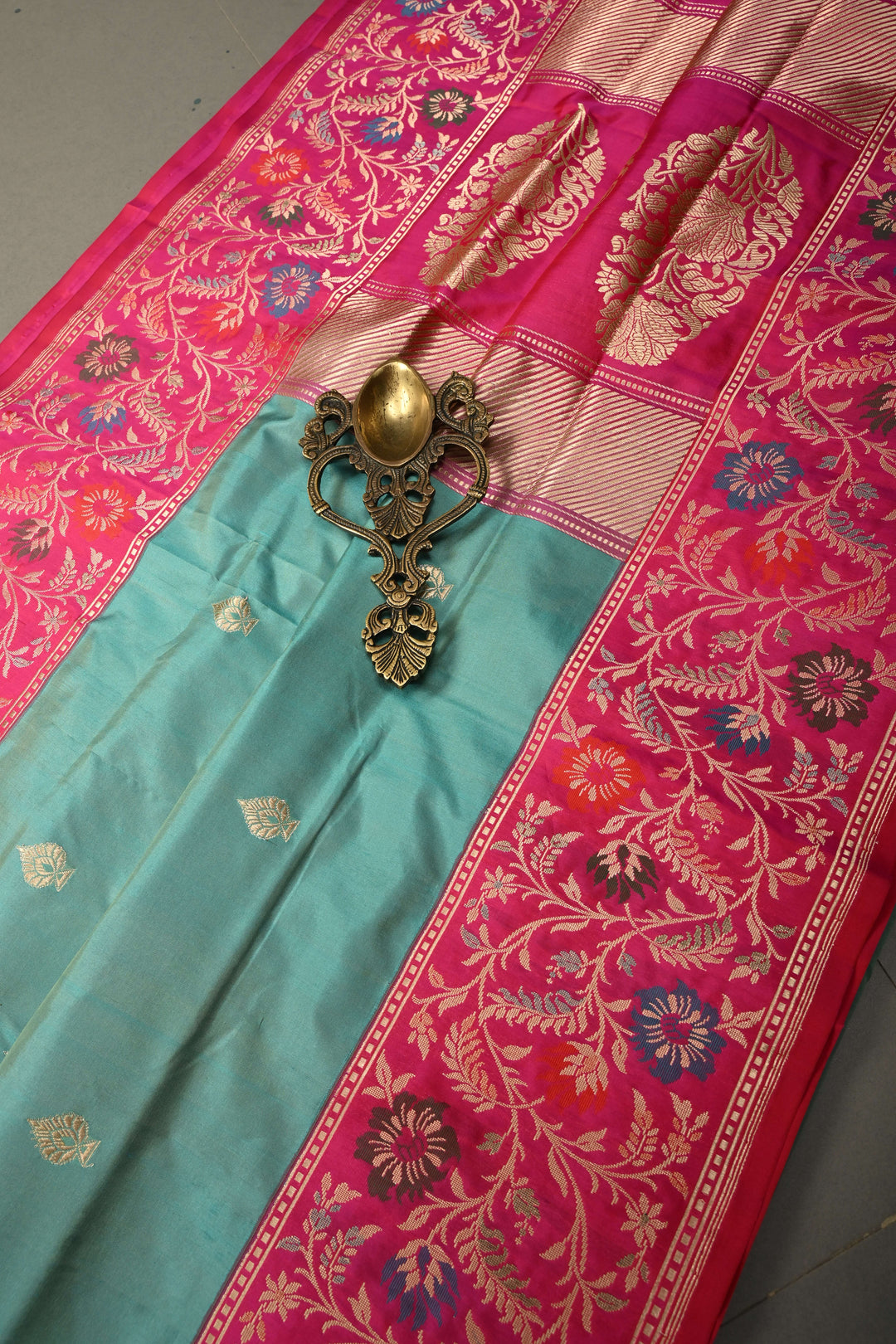 Blue Pure Banarasi Katan Silk Saree with Floral Zari Buttas and Contrast Paithani Style Zari Border | SILK MARK CERTIFIED | SHOBITAM