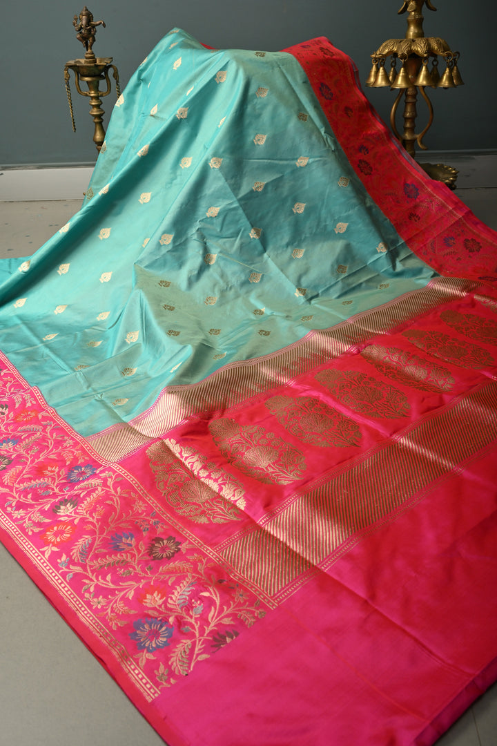 Blue Pure Banarasi Katan Silk Saree with Floral Zari Buttas and Contrast Paithani Style Zari Border | SILK MARK CERTIFIED | SHOBITAM