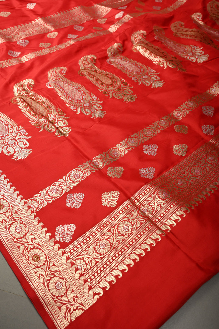 Crimson Red Pure Banarasi Katan Silk Saree with Sona Rupa Floral Zari Buttas and Meenakari Zari Border | SILK MARK CERTIFIED | SHOBITAM