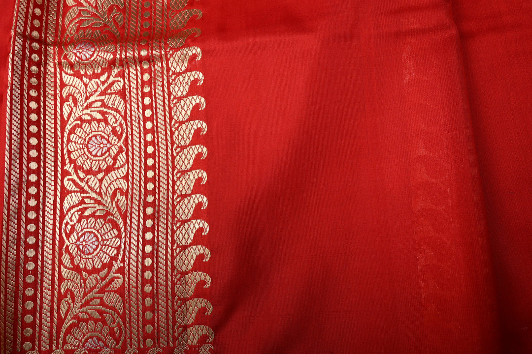Crimson Red Pure Banarasi Katan Silk Saree with Sona Rupa Floral Zari Buttas and Meenakari Zari Border | SILK MARK CERTIFIED | SHOBITAM