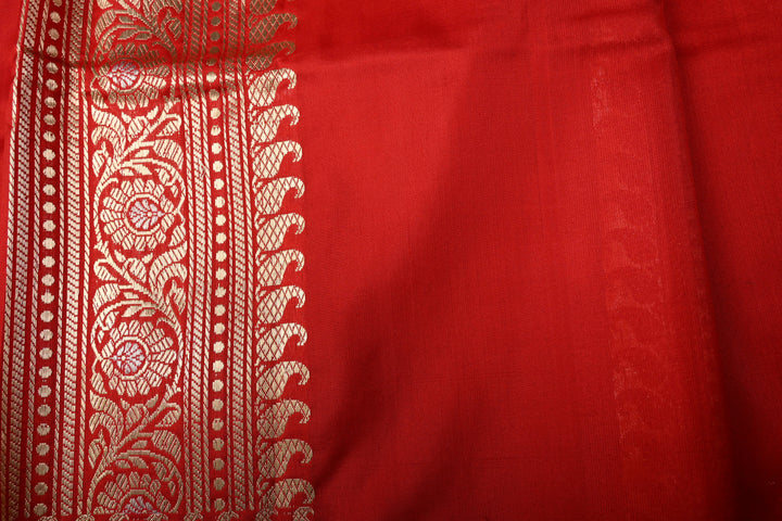 Crimson Red Pure Banarasi Katan Silk Saree with Sona Rupa Floral Zari Buttas and Meenakari Zari Border | SILK MARK CERTIFIED | SHOBITAM