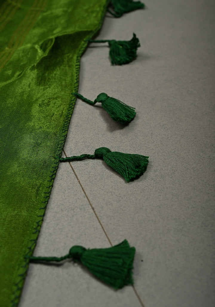 Mehendi Green Borderless Modal Silk Saree with Lagda Patta Crushed Pallu | SHOBITAM