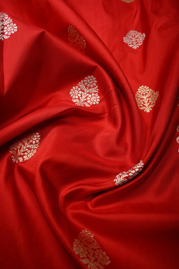 Crimson Red Pure Banarasi Katan Silk Saree with Sona Rupa Floral Zari Buttas and Meenakari Zari Border | SILK MARK CERTIFIED | SHOBITAM