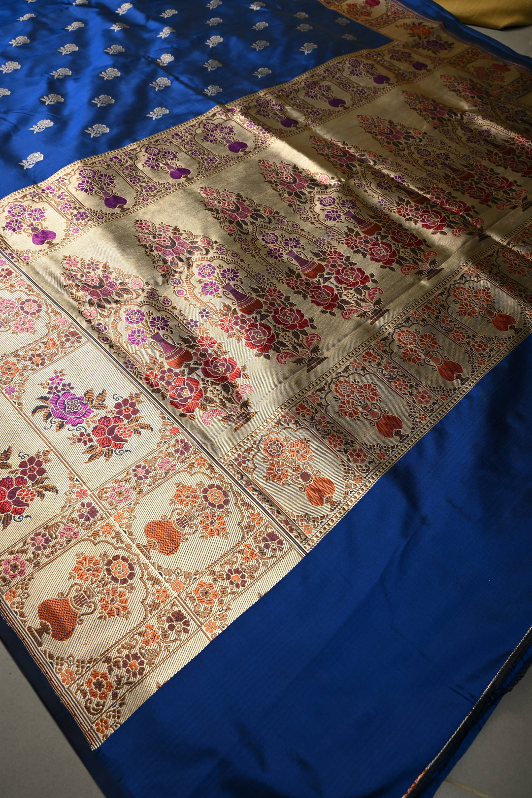 Ink Blue Pure Banarasi Katan Silk Saree with Floral Zari Buttas and Paithani Style Meenakari Zari Border | SILK MARK CERTIFIED | SHOBITAM