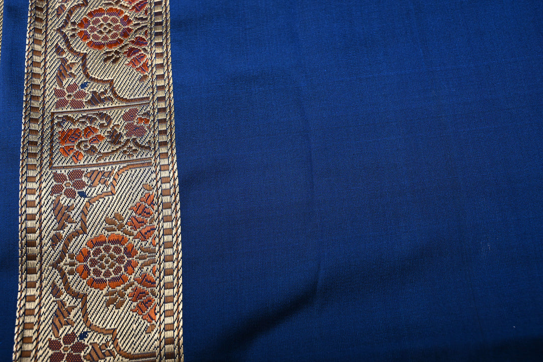Ink Blue Pure Banarasi Katan Silk Saree with Floral Zari Buttas and Paithani Style Meenakari Zari Border | SILK MARK CERTIFIED | SHOBITAM
