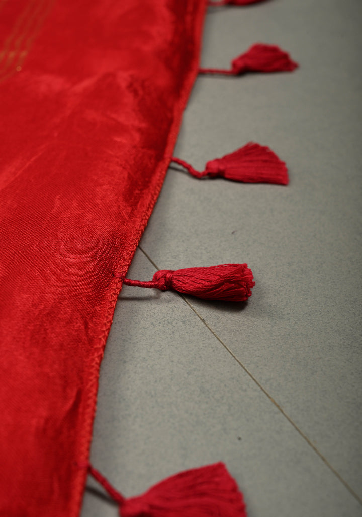 Crimson Red Borderless Modal Silk Saree with Lagda Patta Crushed Pallu | SHOBITAM