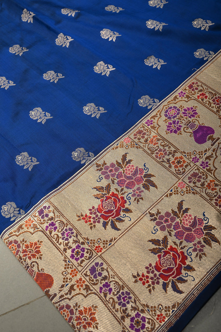 Ink Blue Pure Banarasi Katan Silk Saree with Floral Zari Buttas and Paithani Style Meenakari Zari Border | SILK MARK CERTIFIED | SHOBITAM