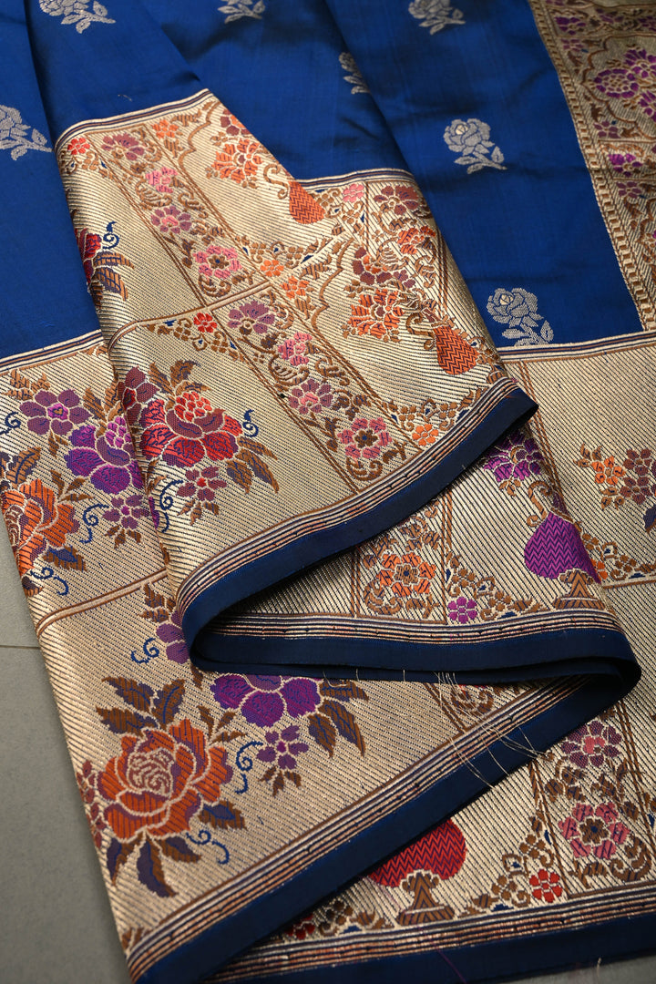 Ink Blue Pure Banarasi Katan Silk Saree with Floral Zari Buttas and Paithani Style Meenakari Zari Border | SILK MARK CERTIFIED | SHOBITAM