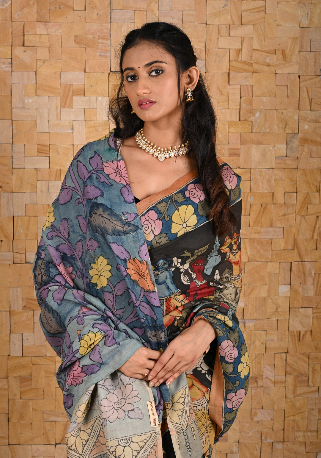 Black Authentic Pen Kalamkari on pure Assam Silk with Forest Tribes and Floral on Pallu  | SILK MARKED CERTIFIED