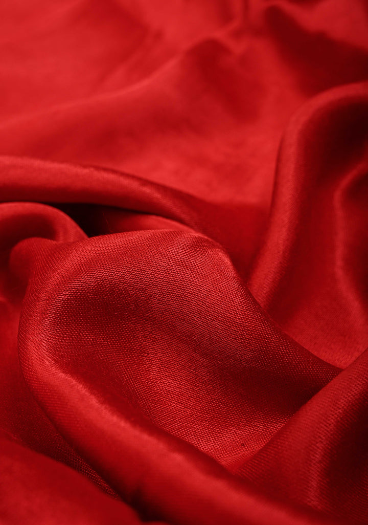 Crimson Red Borderless Modal Silk Saree with Lagda Patta Crushed Pallu | SHOBITAM