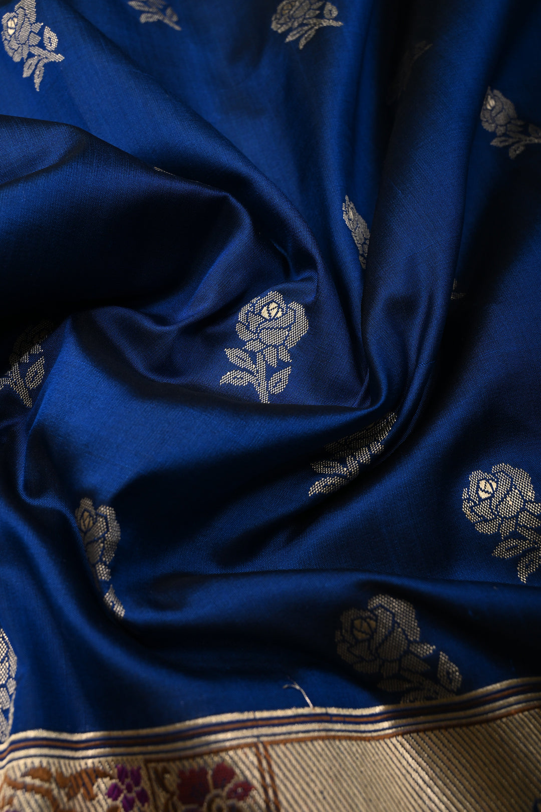 Ink Blue Pure Banarasi Katan Silk Saree with Floral Zari Buttas and Paithani Style Meenakari Zari Border | SILK MARK CERTIFIED | SHOBITAM