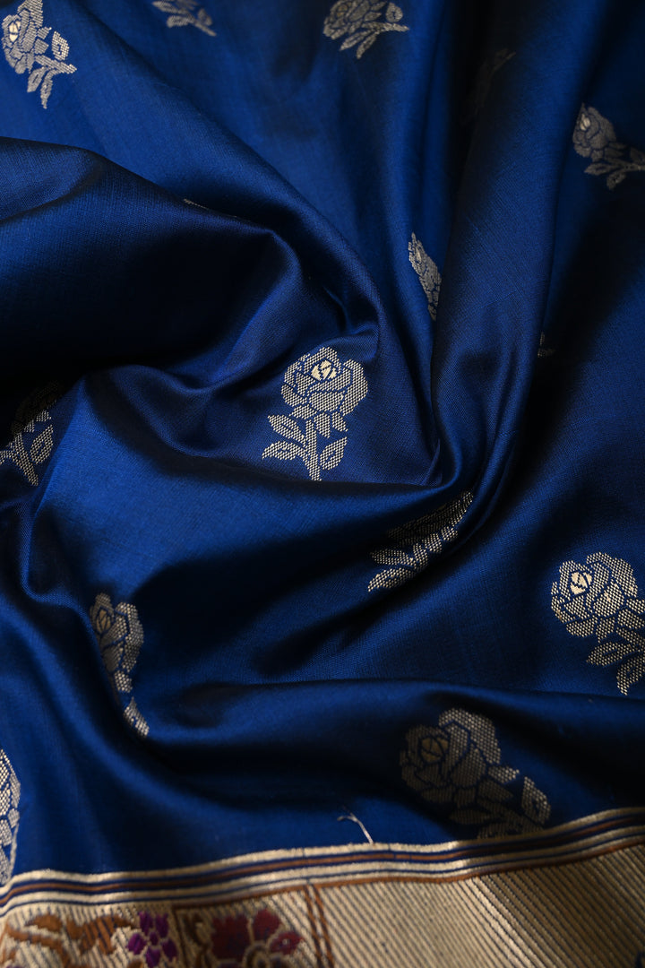 Ink Blue Pure Banarasi Katan Silk Saree with Floral Zari Buttas and Paithani Style Meenakari Zari Border | SILK MARK CERTIFIED | SHOBITAM